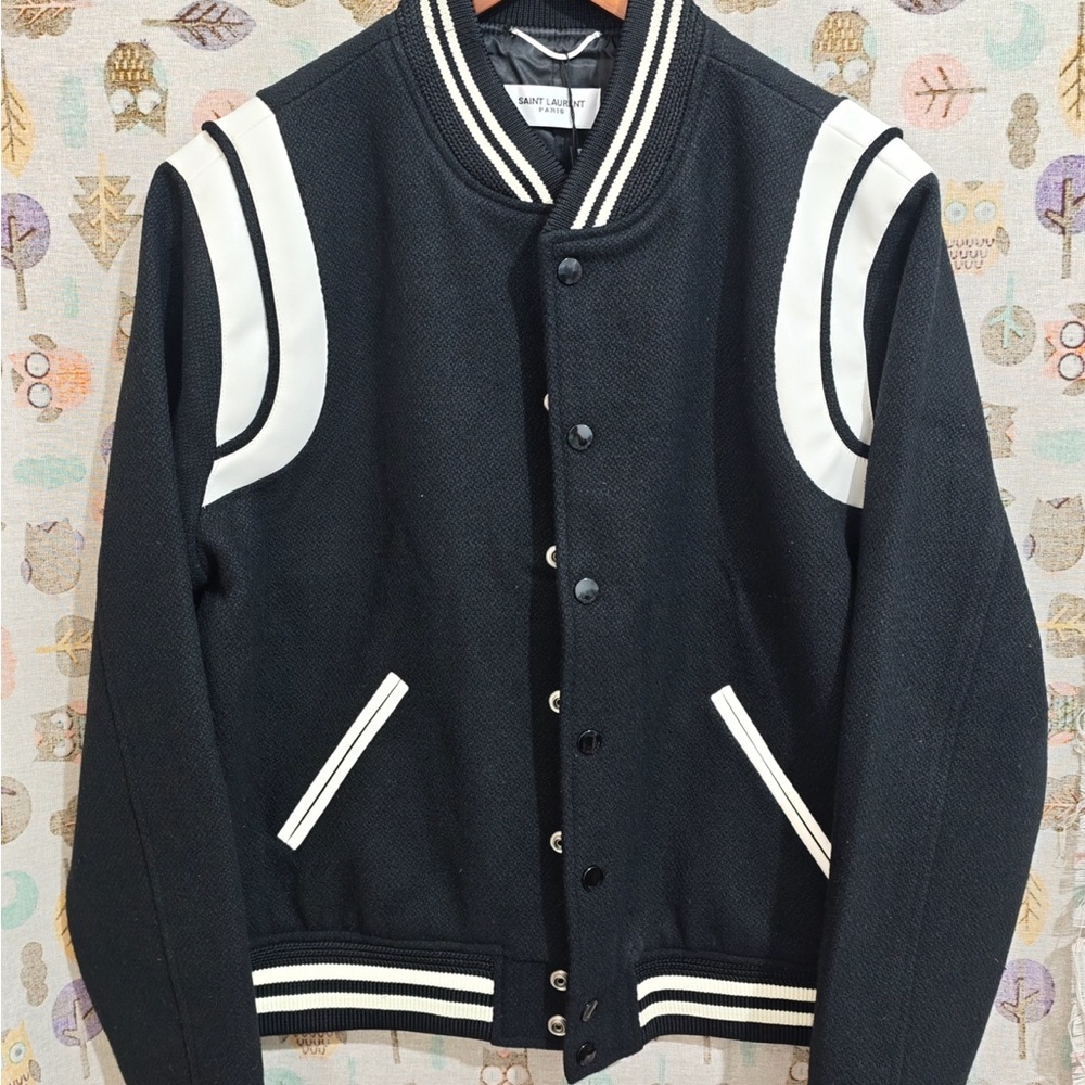 Yves Saint Laurent Black and White Striped Trim Varsity Bomber Jacket